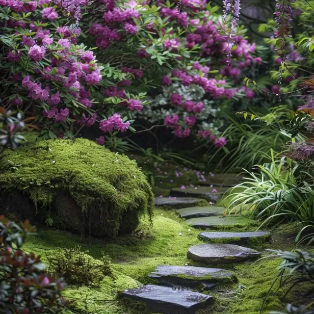 Een rustig tuinpad tussen mos en paarse bloemen